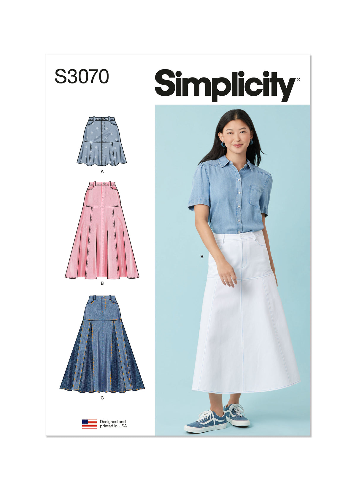 Simplicity S3070 sewing pattern envelope showing skirts and trousers with front pockets