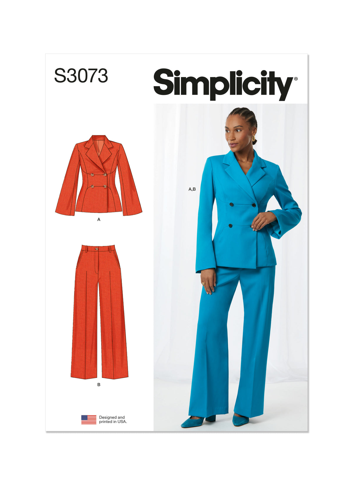 Simplicity S3073 sewing pattern envelope showing a jacket with notched collar and princess seams