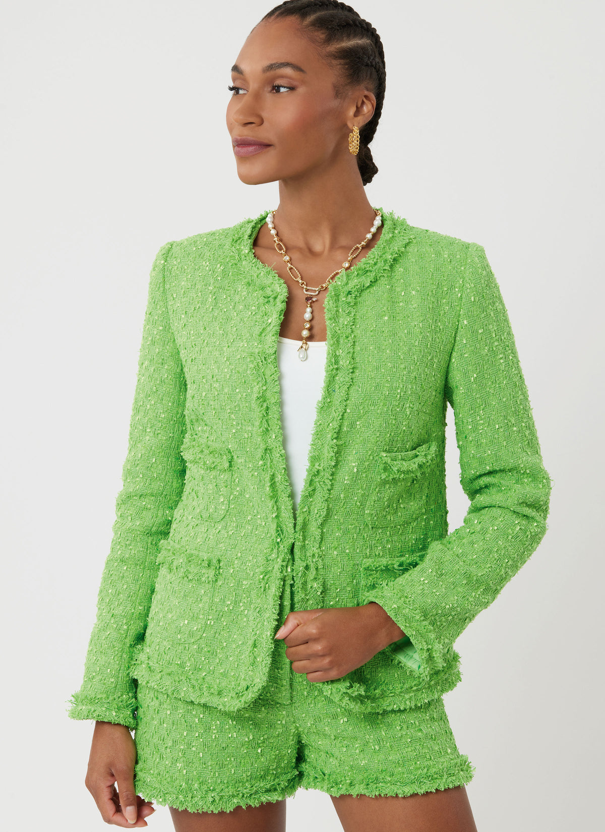 Simplicity S3074 sewing pattern envelope showing a jacket with self-bias fringe trim