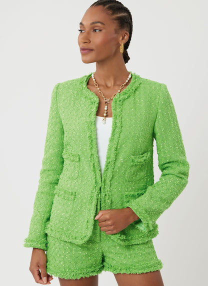 Simplicity S3074 sewing pattern envelope showing a jacket with self-bias fringe trim