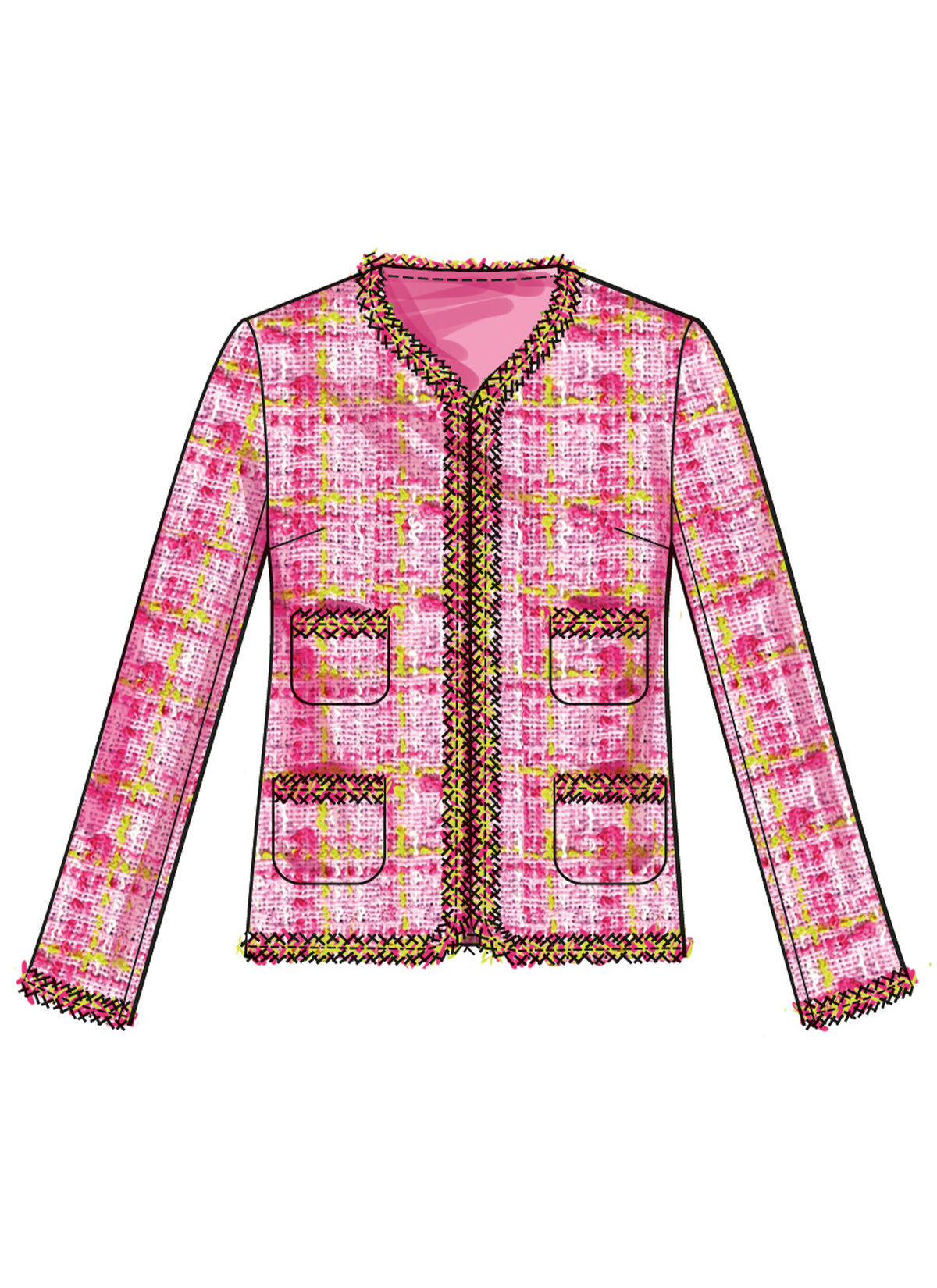 Simplicity S3074 sewing pattern envelope showing a jacket with self-bias fringe trim