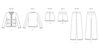 Simplicity S3074 sewing pattern envelope showing a jacket with self-bias fringe trim