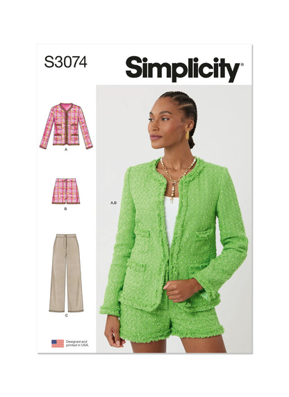 Simplicity S3074 sewing pattern envelope showing a jacket with self-bias fringe trim