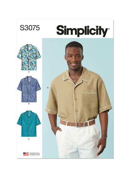 Simplicity S3075 sewing pattern envelope showing a men's and boys' top with notched collar