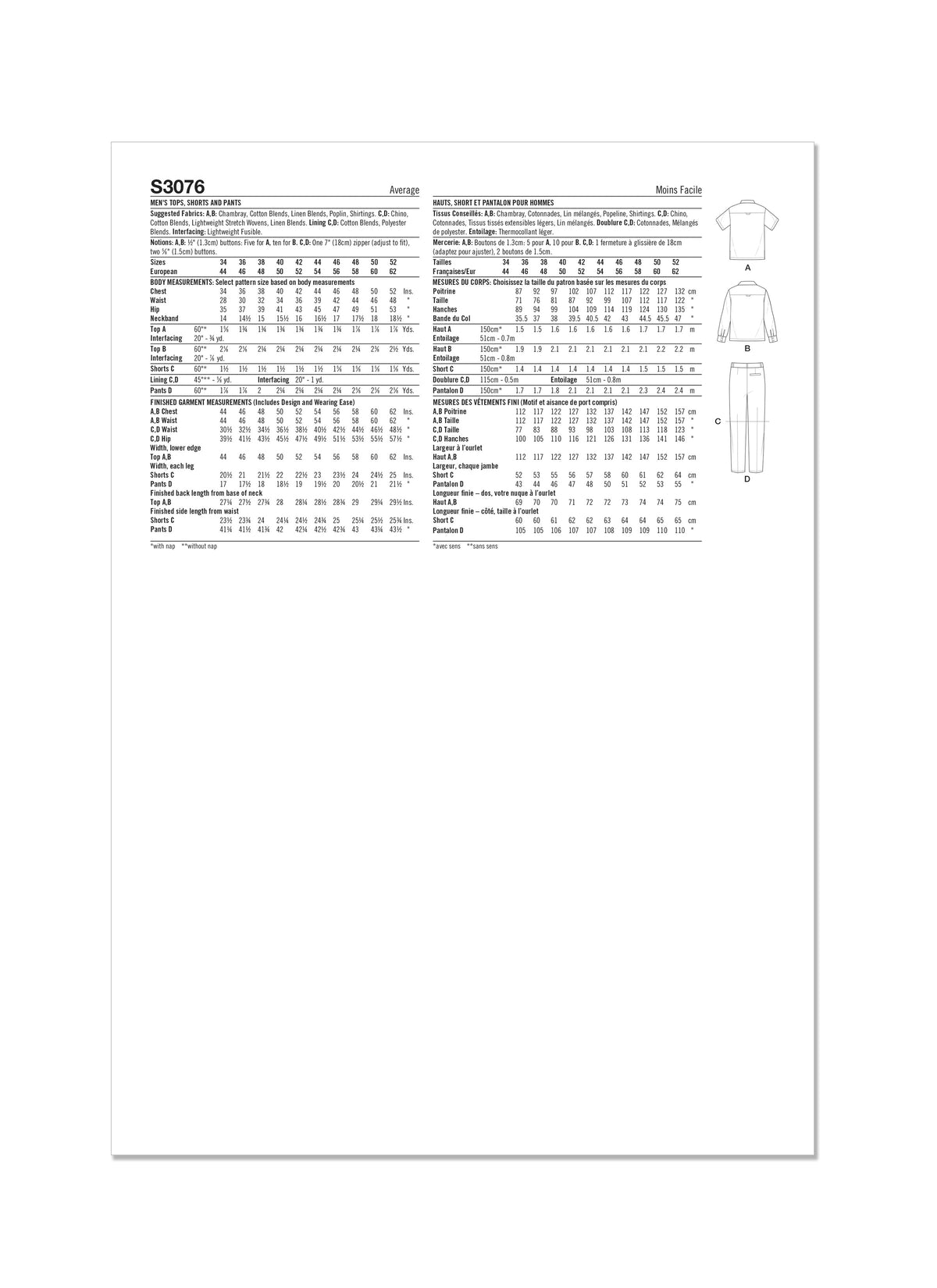 Simplicity S3076 sewing pattern envelope showing a men's and boys' half-placket shirt