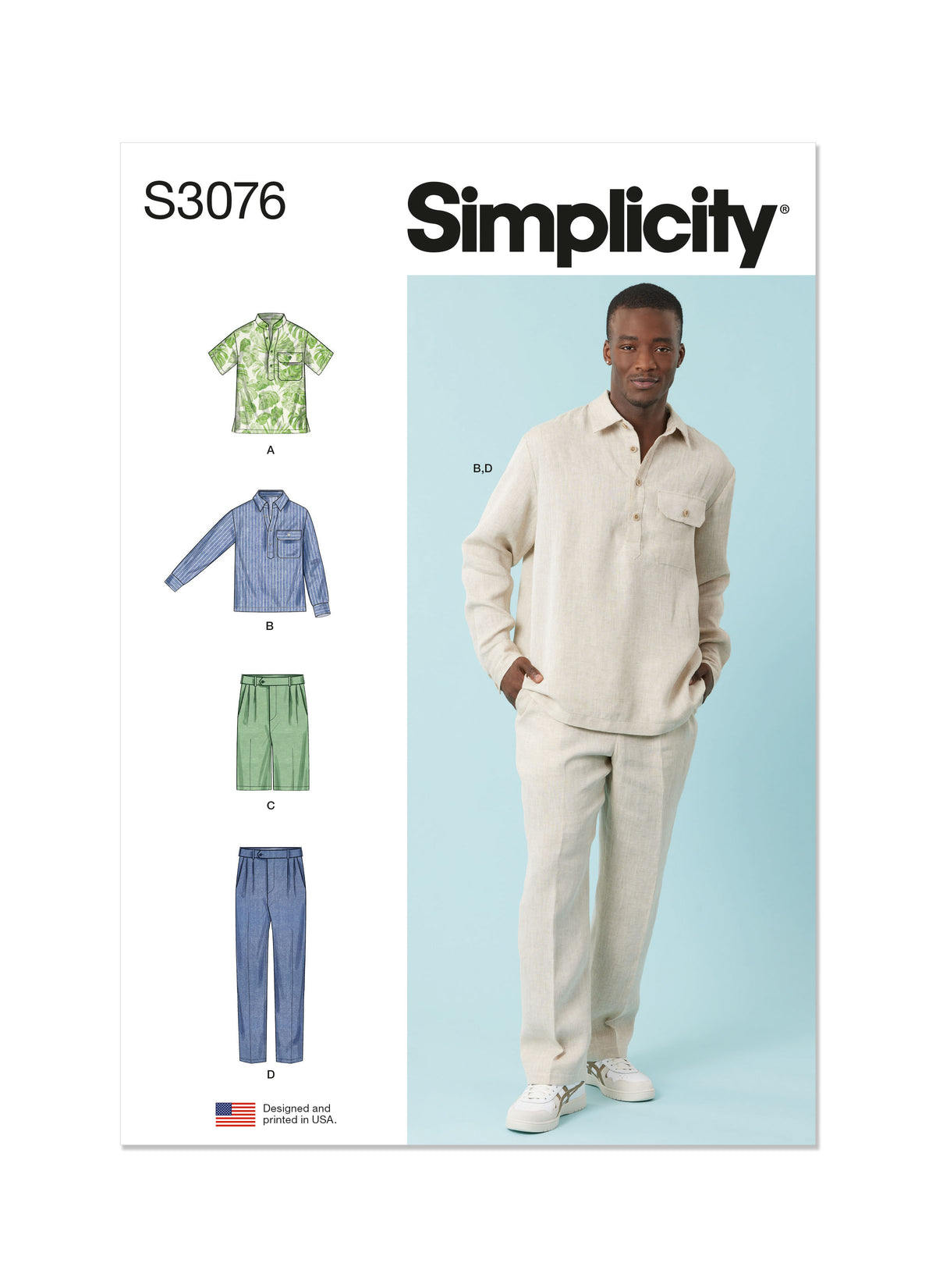Simplicity S3076 sewing pattern envelope showing a men's and boys' half-placket shirt