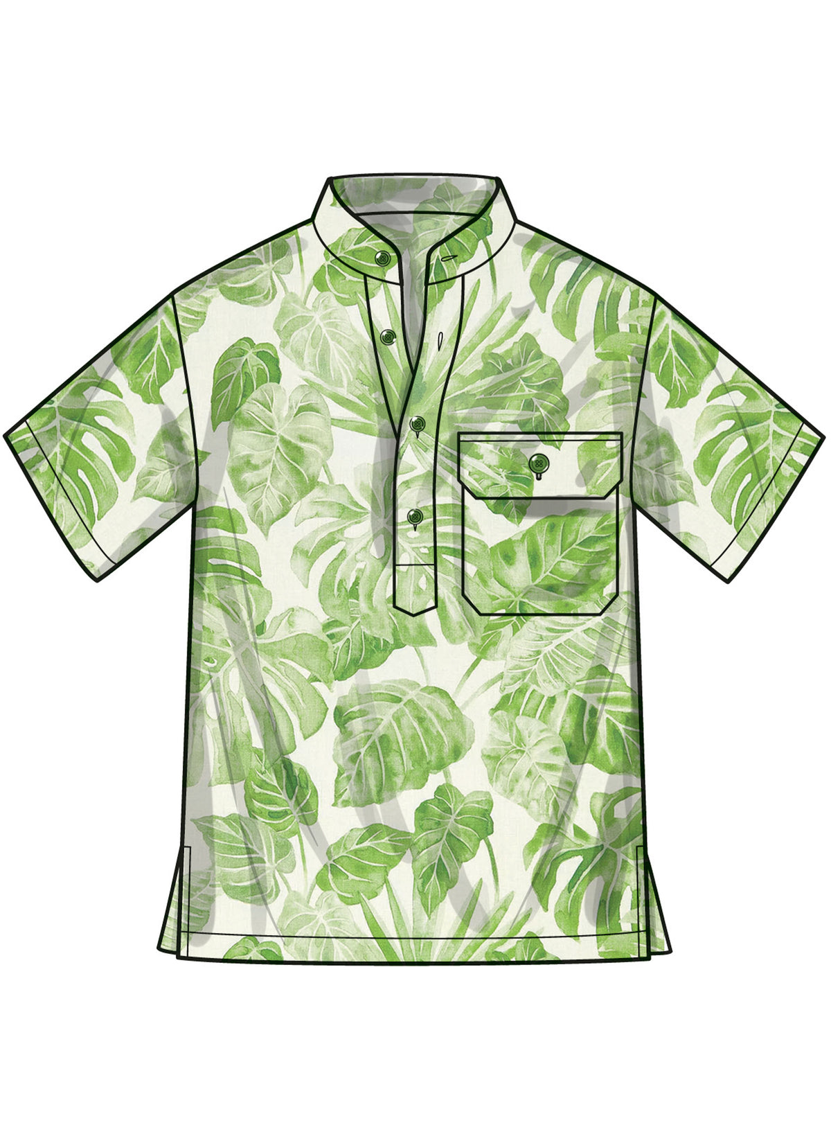 Simplicity S3076 sewing pattern envelope showing a men's and boys' half-placket shirt