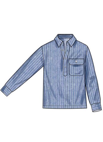 Simplicity S3076 sewing pattern envelope showing a men's and boys' half-placket shirt