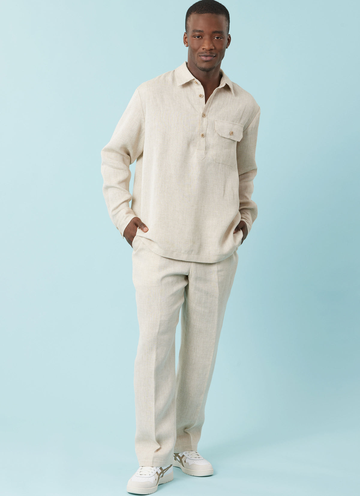 Simplicity S3076 sewing pattern envelope showing a men's and boys' half-placket shirt