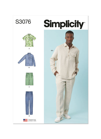 Simplicity S3076 sewing pattern envelope showing a men's and boys' half-placket shirt