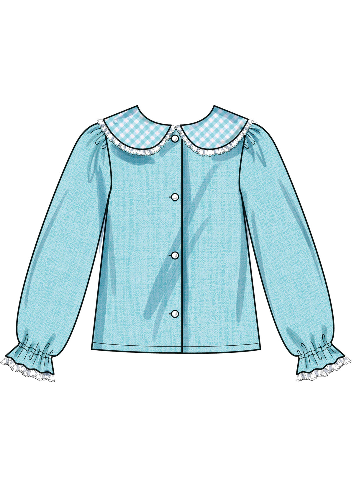 Simplicity S3077 sewing pattern envelope showing a girls' blouse with lace-trimmed Peter Pan collar