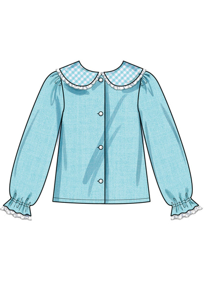 Simplicity S3077 sewing pattern envelope showing a girls' blouse with lace-trimmed Peter Pan collar