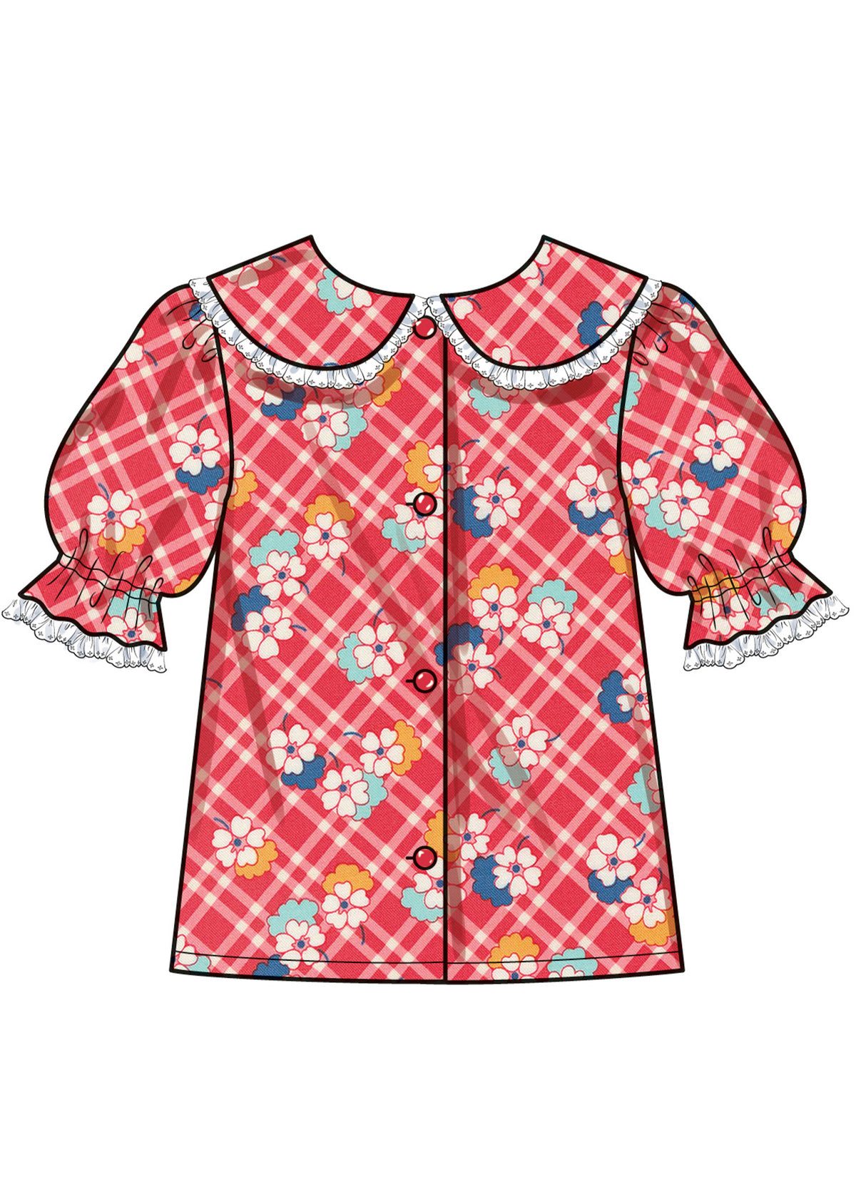 Simplicity S3077 sewing pattern envelope showing a girls' blouse with lace-trimmed Peter Pan collar