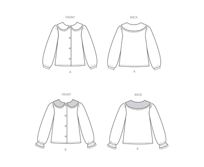 Simplicity S3077 sewing pattern envelope showing a girls' blouse with lace-trimmed Peter Pan collar