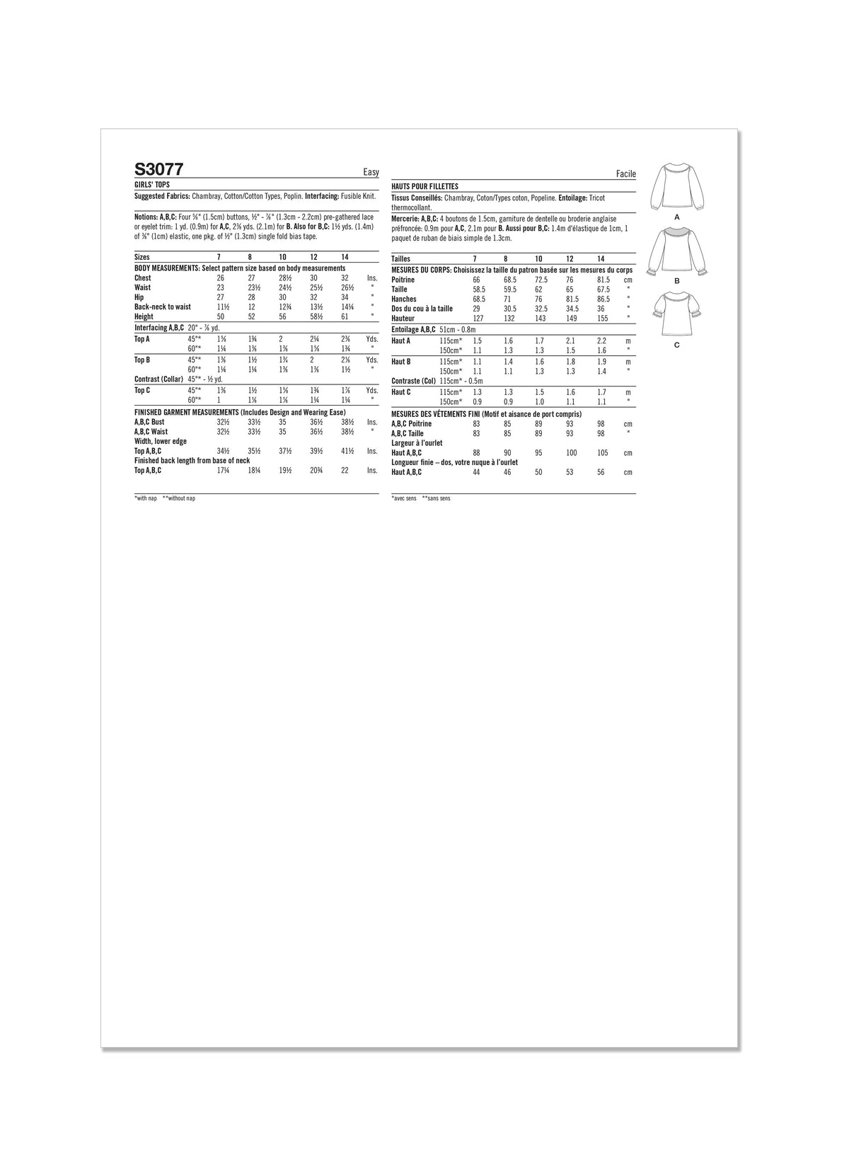 Simplicity S3077 sewing pattern envelope showing a girls' blouse with lace-trimmed Peter Pan collar