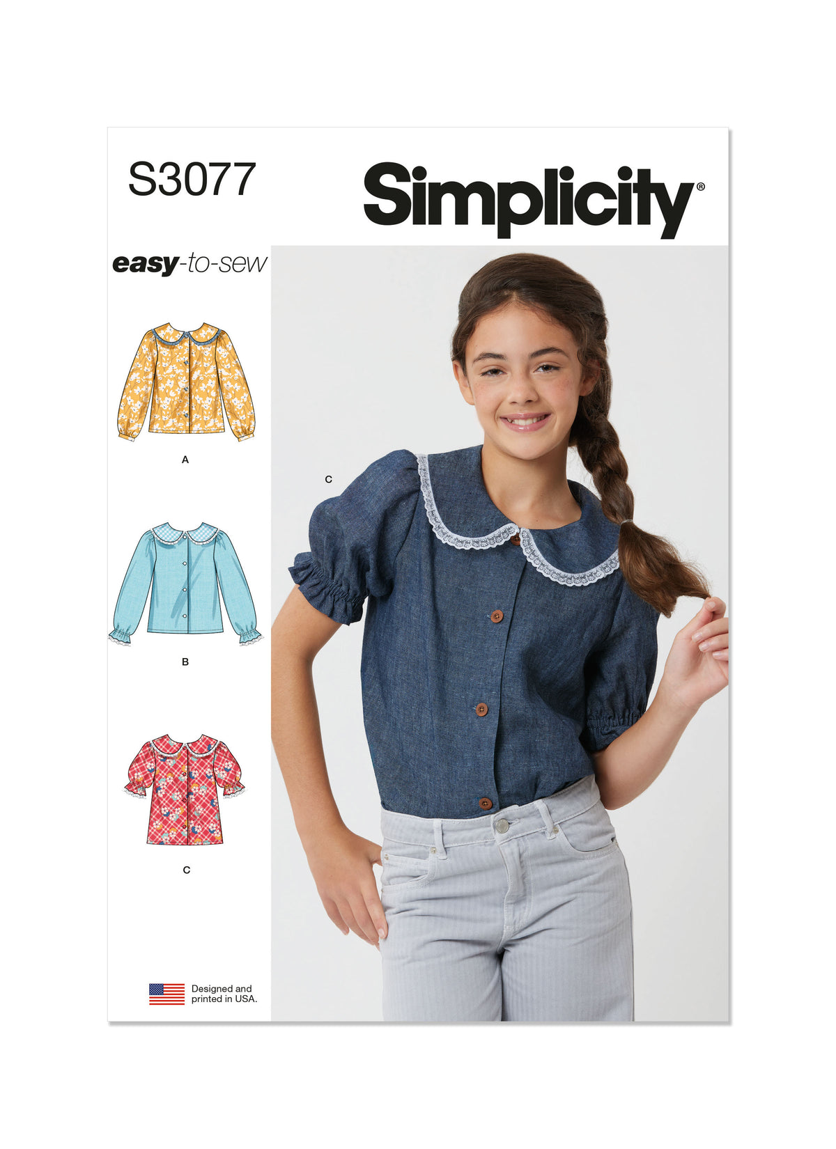 Simplicity S3077 sewing pattern envelope showing a girls' blouse with lace-trimmed Peter Pan collar