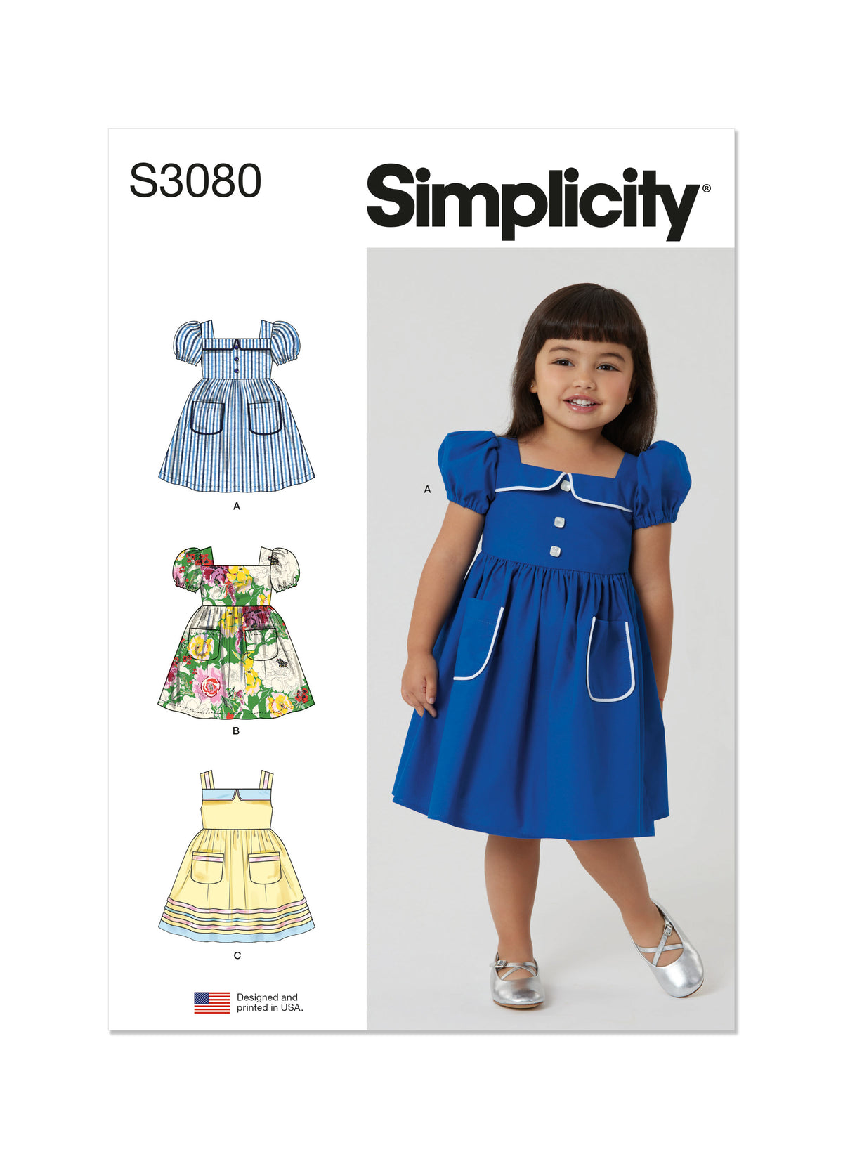 Simplicity S3080 sewing pattern envelope showing a toddler dress