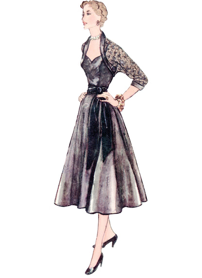 Simplicity S3082 sewing pattern envelope showing a 1950s-style evening dress and bolero
