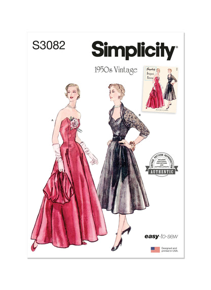 Simplicity S3082 sewing pattern envelope showing a 1950s-style evening dress and bolero