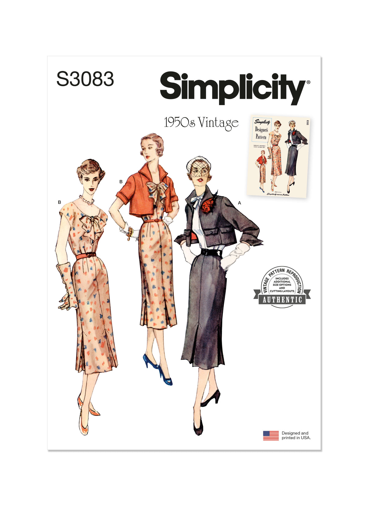 Simplicity S3083 sewing pattern envelope showing a 1950s-style dress and jacket