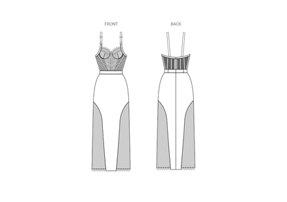 Simplicity S3085 sewing pattern envelope showing a knit dress with lace godets