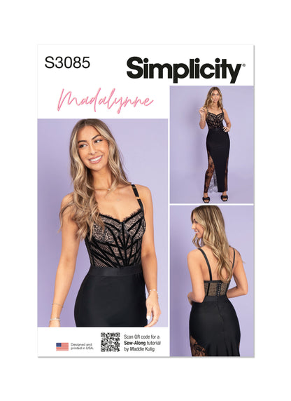Simplicity S3085 sewing pattern envelope showing a knit dress with lace godets