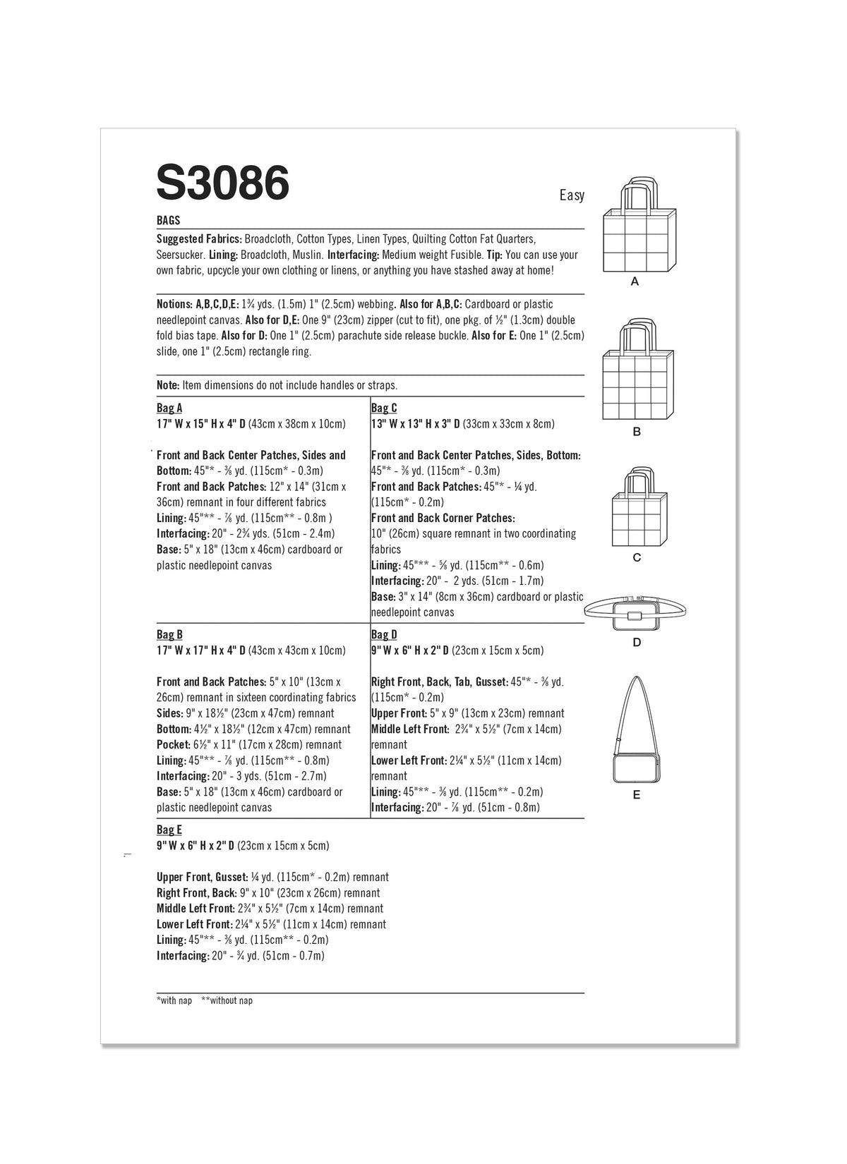 Simplicity S3086 sewing pattern envelope showing lined patchwork bags