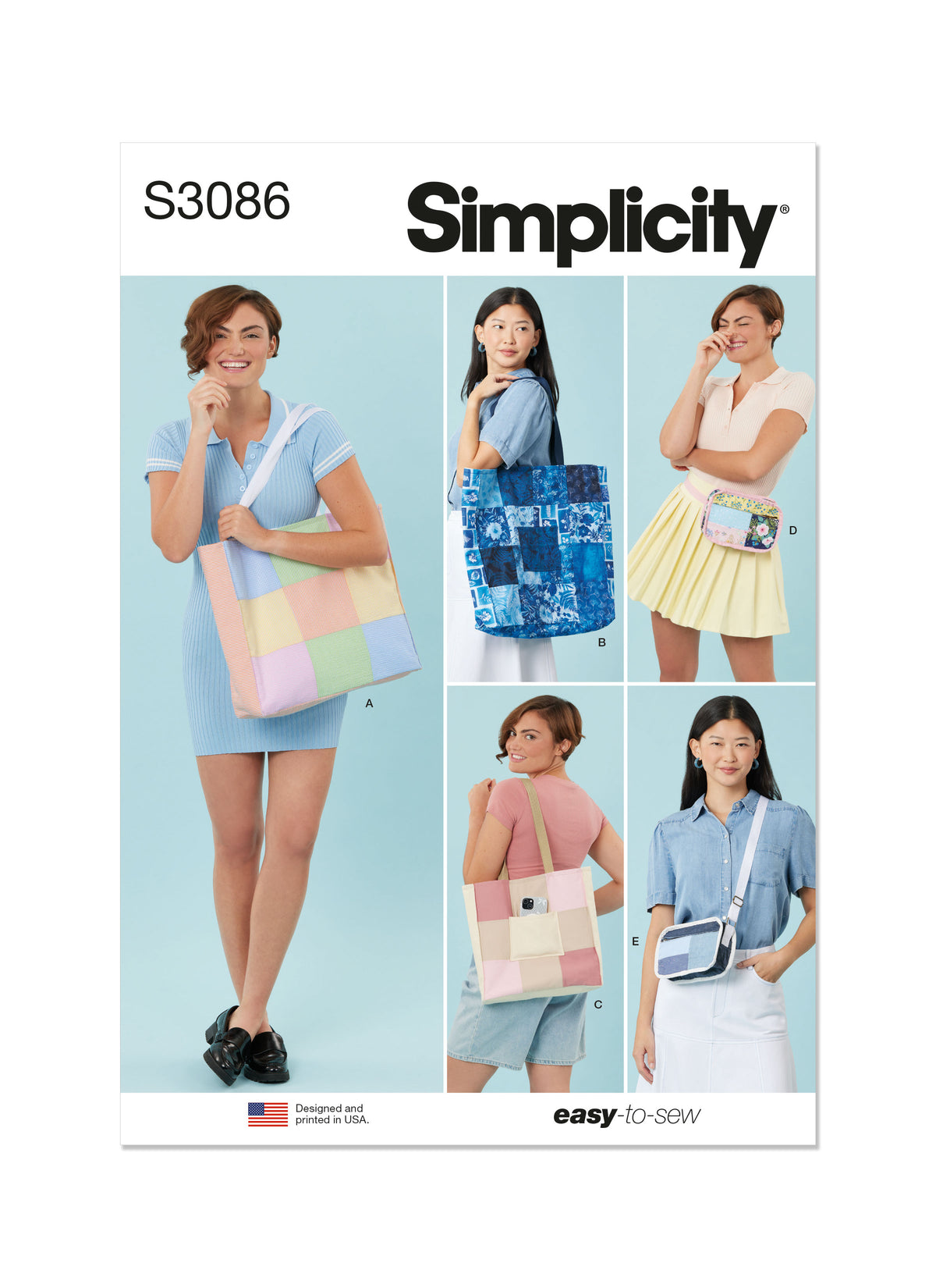 Simplicity S3086 sewing pattern envelope showing lined patchwork bags