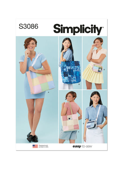 Simplicity S3086 sewing pattern envelope showing lined patchwork bags