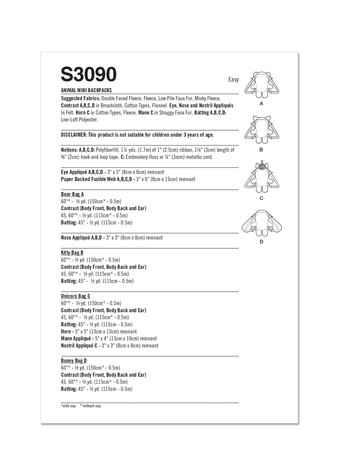 Simplicity S3090 sewing pattern envelope showing plush stuffed toys