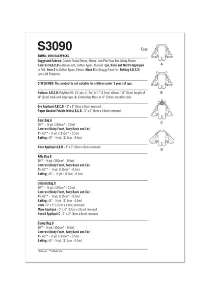 Simplicity S3090 sewing pattern envelope showing plush stuffed toys