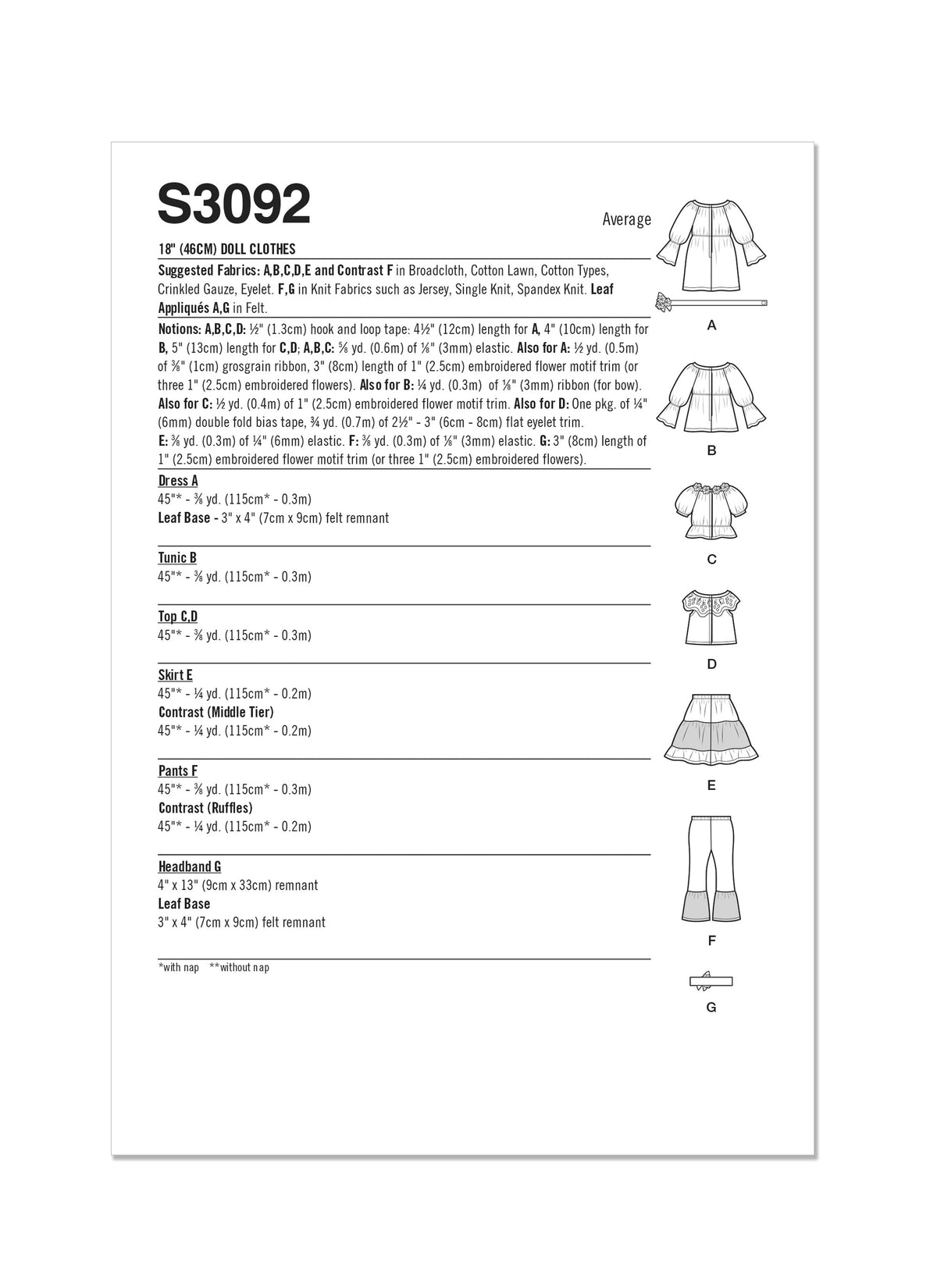 Simplicity S3092 sewing pattern envelope showing doll clothes
