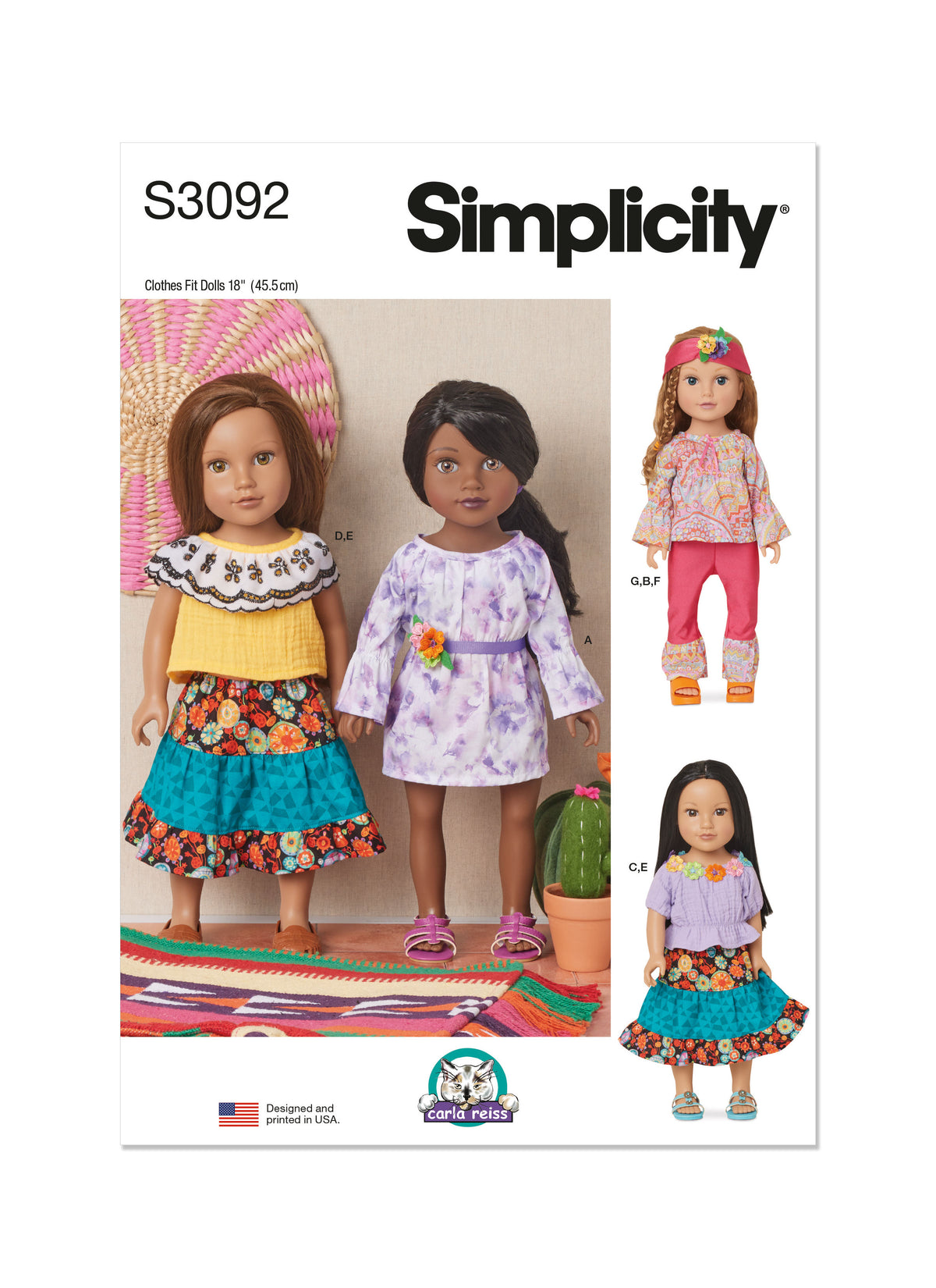 Simplicity S3092 sewing pattern envelope showing doll clothes