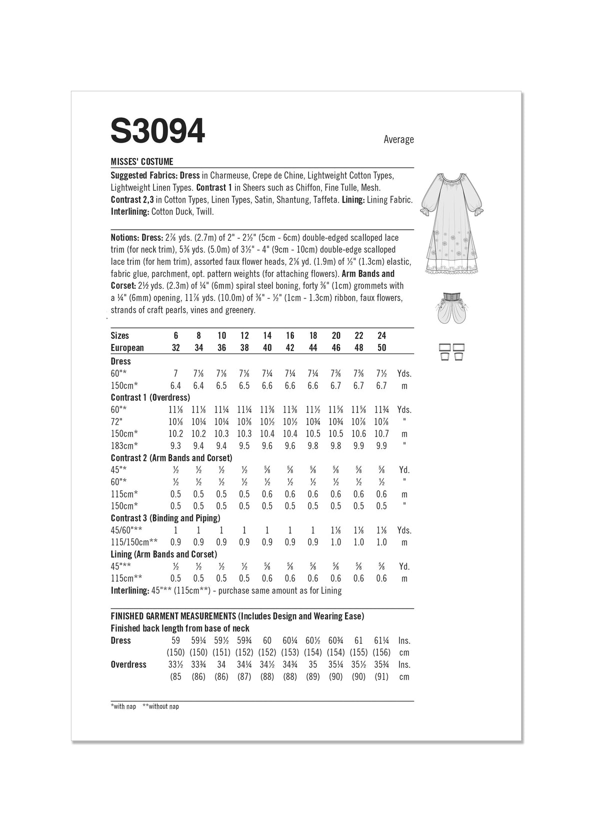 Simplicity S3094 sewing pattern envelope showing a costume with puff sleeves and layered overskirts