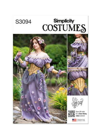 Simplicity S3094 sewing pattern envelope showing a costume with puff sleeves and layered overskirts