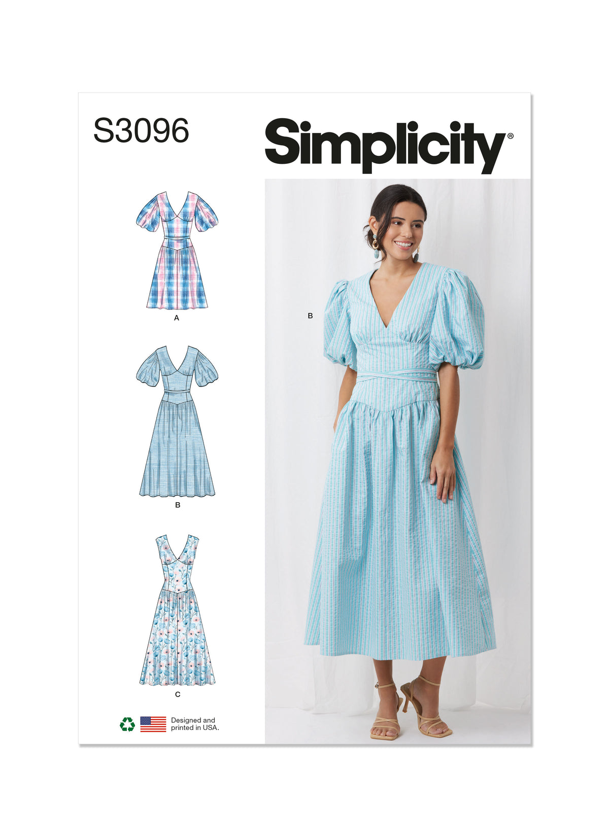 Simplicity S3096 sewing pattern envelope showing a wrap V-neck dress with pockets