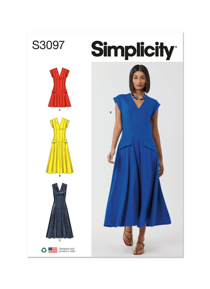 Simplicity S3097 sewing pattern envelope showing a V-neck dress with pockets