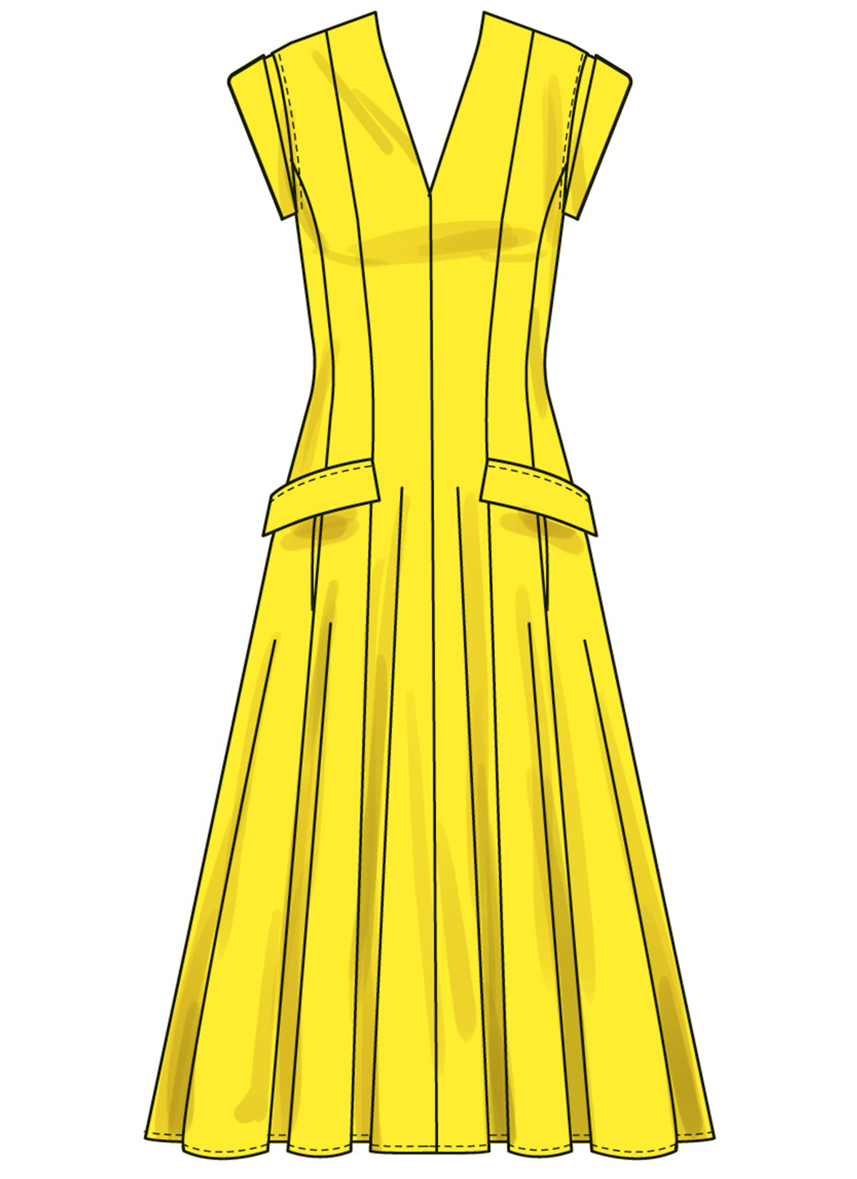 Simplicity S3097 sewing pattern envelope showing a V-neck dress with pockets