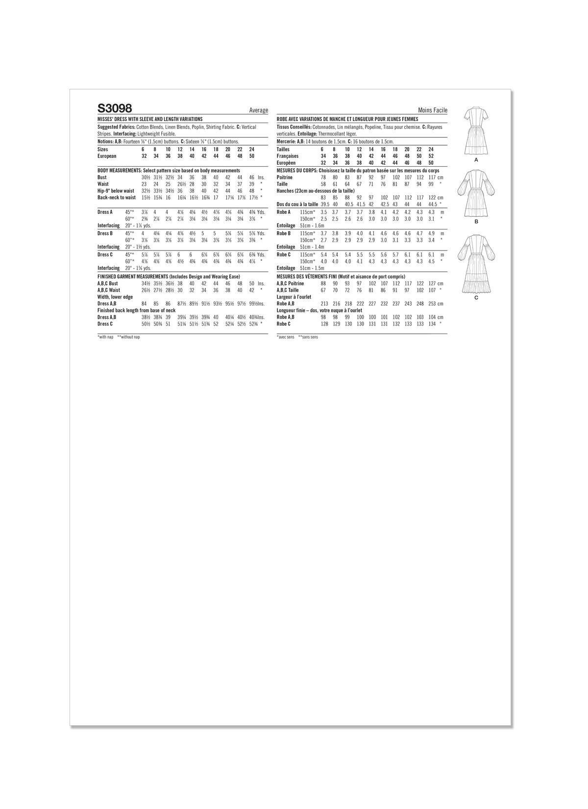 Simplicity S3098 sewing pattern envelope showing a dress with a gathered skirt