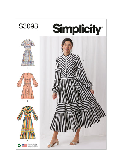 Simplicity S3098 sewing pattern envelope showing a dress with a gathered skirt