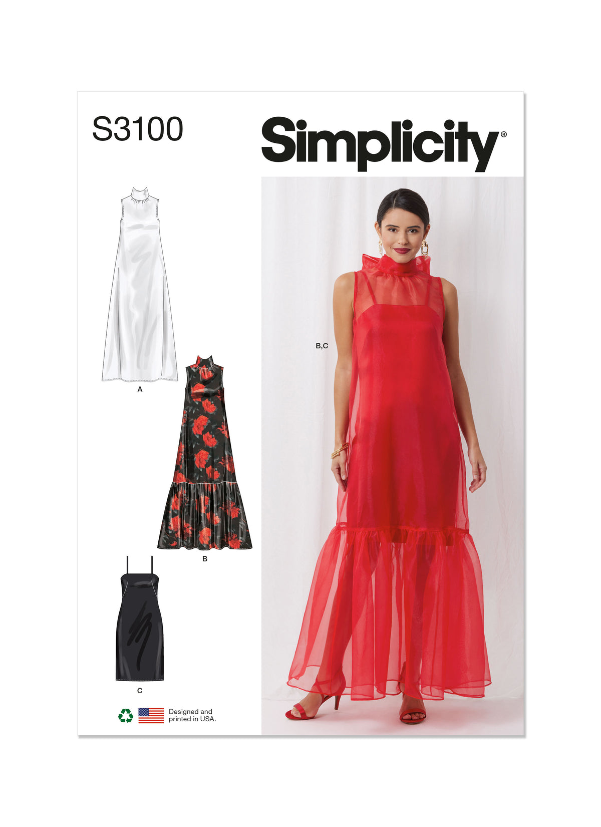 Simplicity S3100 sewing pattern envelope showing a special occasion top with a tie collar