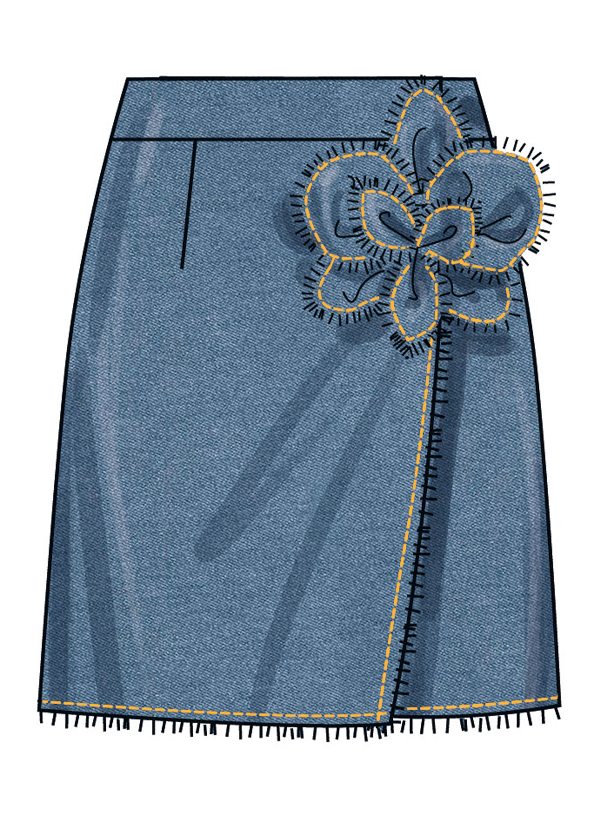 Simplicity S3104 sewing pattern envelope showing a wrap skirt with a detachable 3D flower
