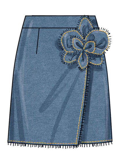 Simplicity S3104 sewing pattern envelope showing a wrap skirt with a detachable 3D flower