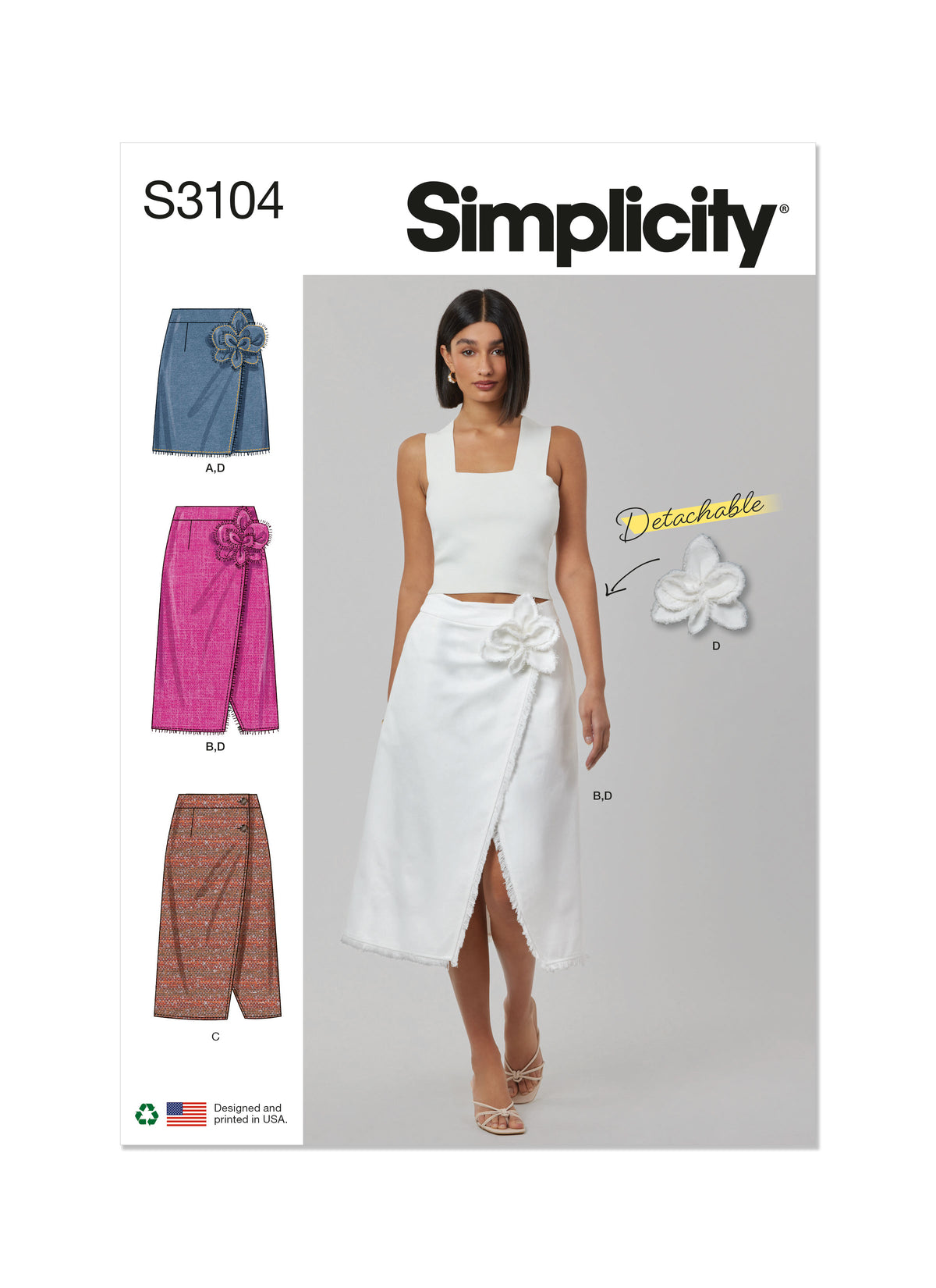 Simplicity S3104 sewing pattern envelope showing a wrap skirt with a detachable 3D flower