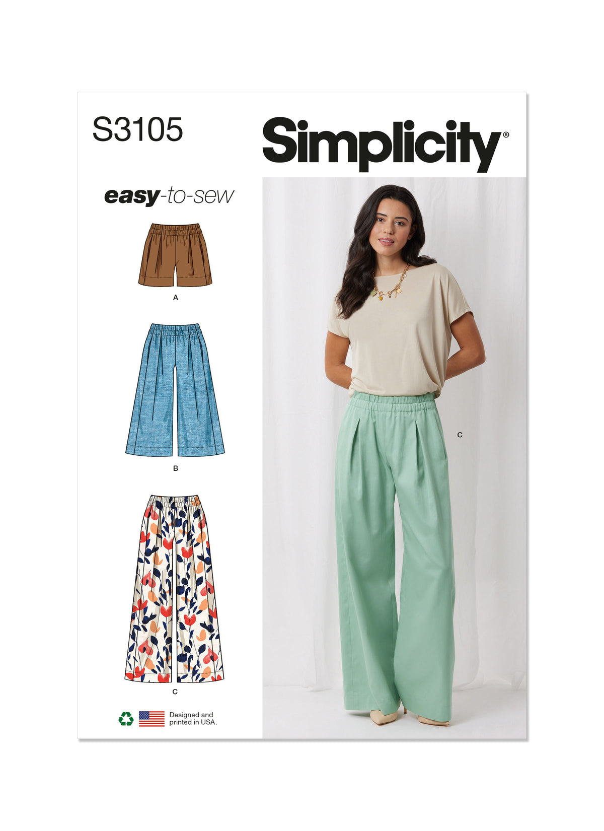 Simplicity S3105 pattern envelope showing a woman wearing a skirt and trousers