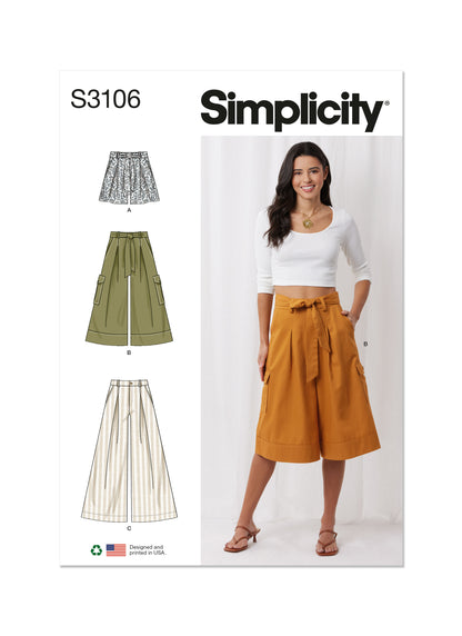 Simplicity S3106 pattern envelope showing a woman wearing a pleated skirt and trousers