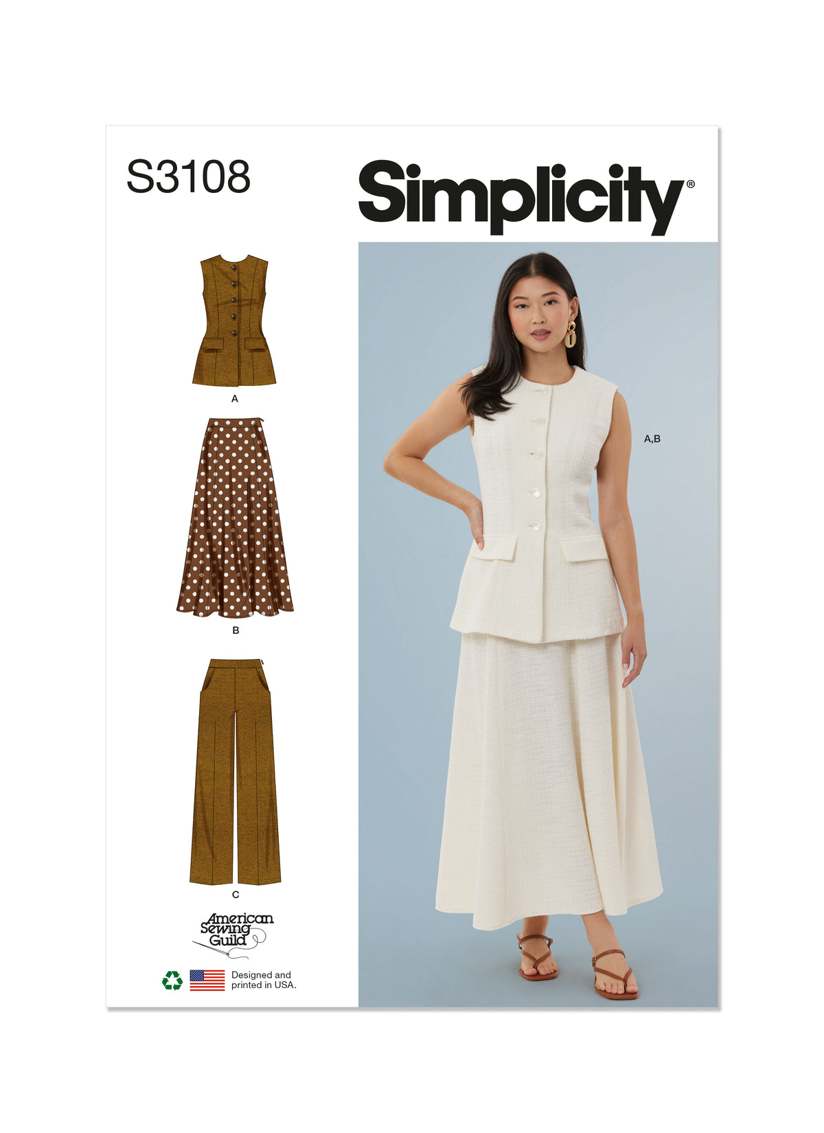 Simplicity S3108 pattern envelope showing women in button front casual wear