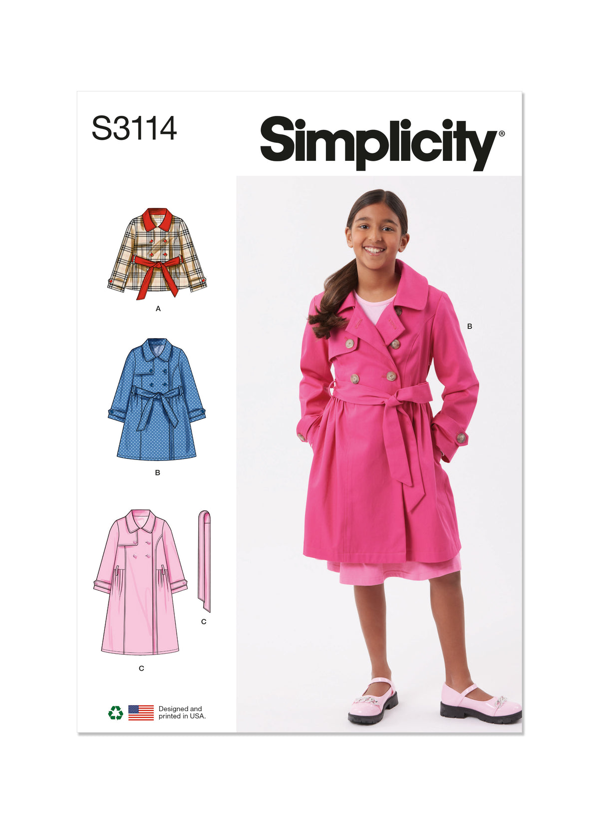 Simplicity S3114 pattern envelope showing girls wearing jackets and coats