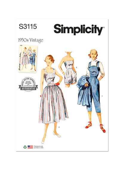 Simplicity S3115 pattern envelope showing women in 1950s style playsuits and skirt