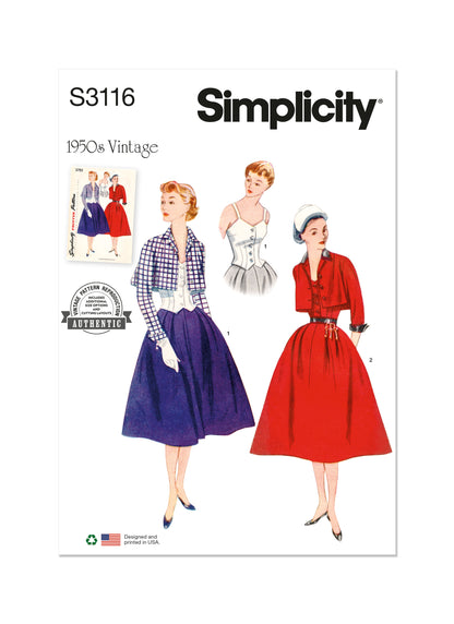 Simplicity S3116 pattern envelope showing women in 1950s style bolero suits